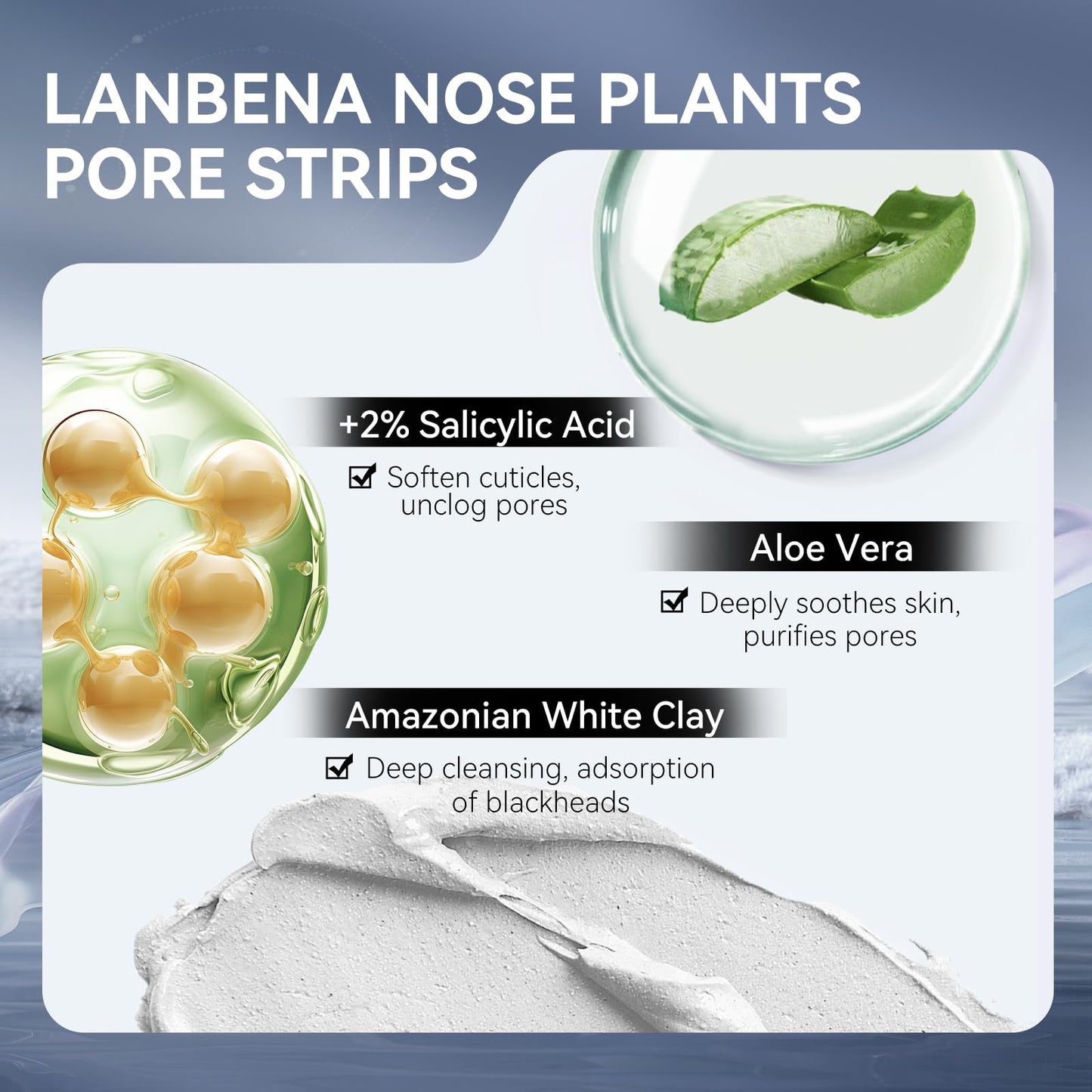 LANBENA 2.0 Nose Pore Strips, Blackhead Remover Mask with Salicylic Acid, Amazonian White Clay, Pore Cleanser Purifying Peel off Face Mask with 60 PCS Strips, Aloe Facial Mask(1.05 Ounce)