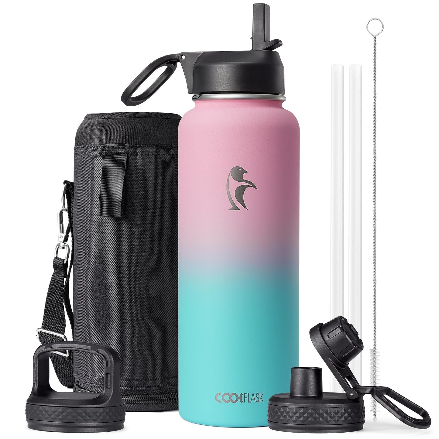 Half Gallon Water Bottle Insulated with Straw & 3 Lids, Coolflask 64 oz Water Jug Large Metal Stainless Steel Wide Mouth for Sports, Gym or Office, Non-BPA Keep Cold 48H Hot 24H, Samurai Cyan