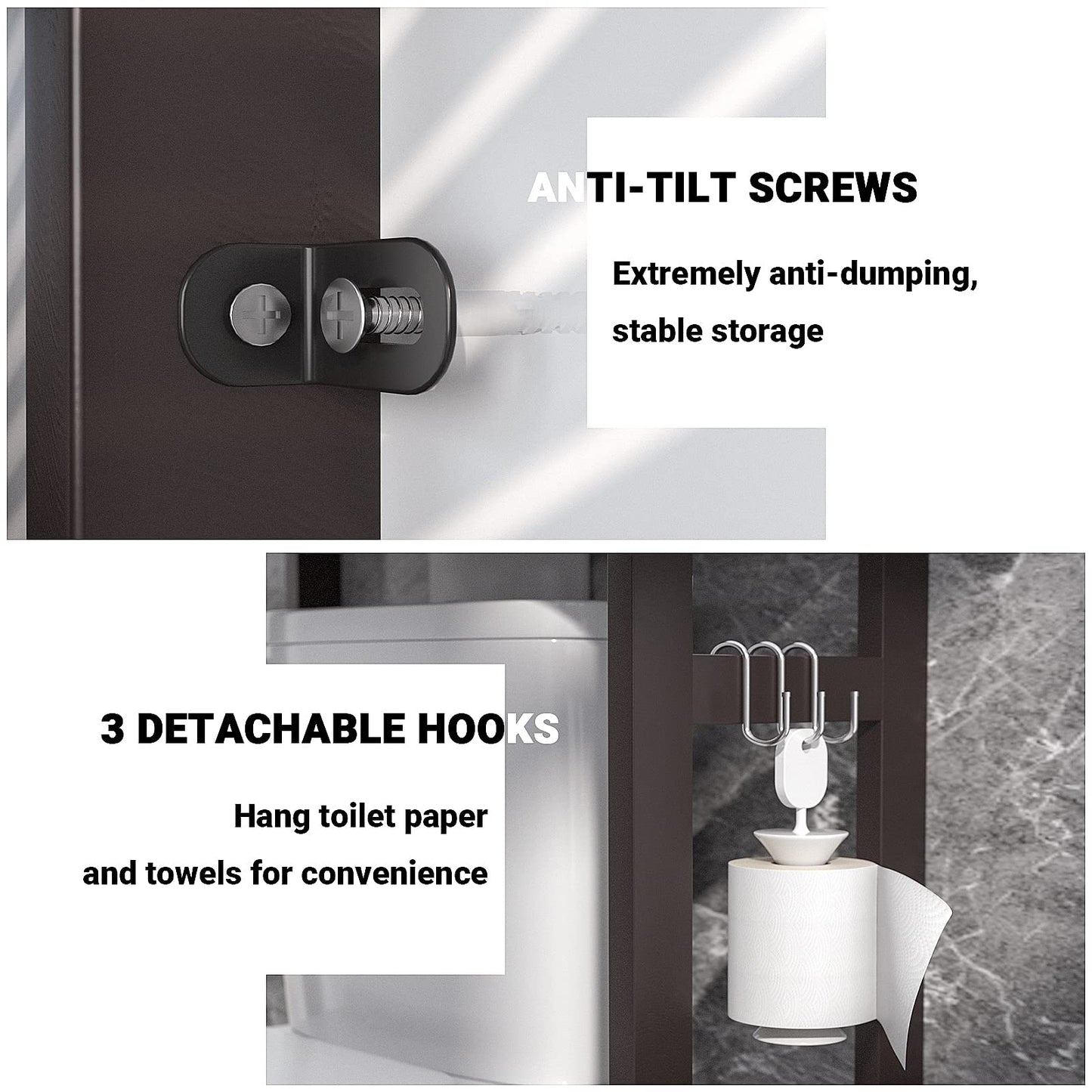 Homykic Over The Toilet Storage, Bamboo Over Toilet Bathroom Organizer Rack, Freestanding Bathroom Shelves Above Toilet Storage with 3 Hooks, Bathroom Space Saver, No Rust, Easy to Assemble, White