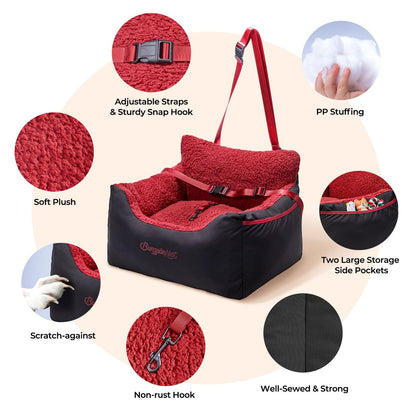BurgeonNest Dog Car Seat for Small Dogs, Soft Pet Car Travel Home Bed Under 25 lbs, Fully Detachable and Washable Cat Booster Carseats with Storage Pockets and Clip-On Leash Portable Carrier,Black