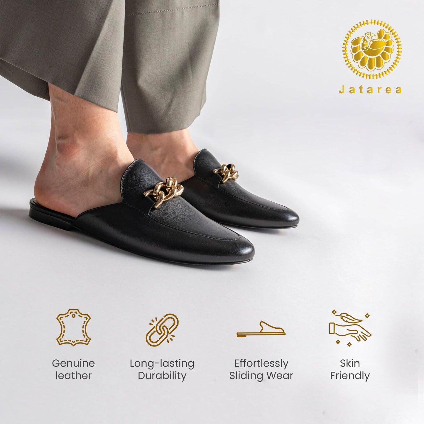 JATAREA Women's Flat Mules | Round Toe Genuine Printed Leather Slip-Ons for Any Summer Outing Shoes