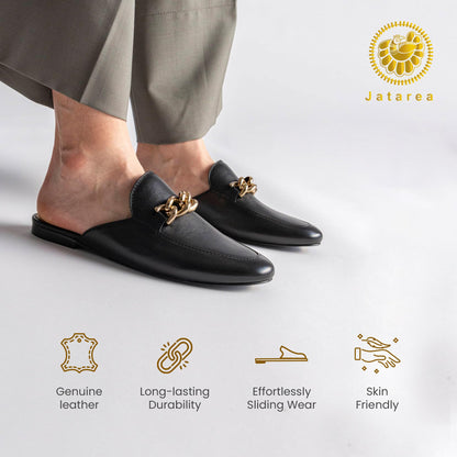 JATAREA Women's Flat Mules | Round Toe Genuine Printed Leather Slip-Ons for Any Summer Outing Shoes