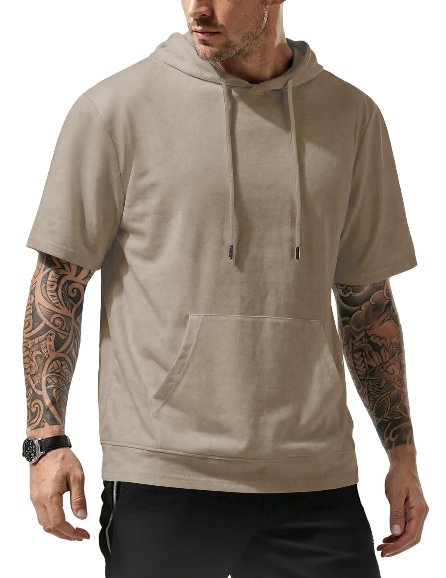 JMIERR Mens Short Sleeve Hoodie Cotton Hooded T-shirts Lightweight Solid Tops with Pocket
