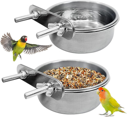 PINVNBY Parrot Feeding Cups Birds Food Dish Stainless Steel Parrot Feeders Water Cage Bowls with Clamp Holder for Cockatiel Conure Budgies Parakeet Parrot Macaw Small Animal Chinchilla Pack of 2