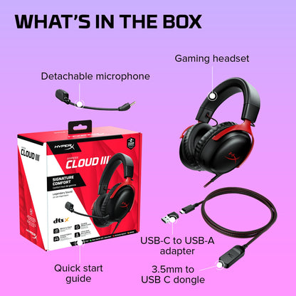 HyperX Cloud III – Wired Gaming Headset, PC, PS5, Xbox Series X|S, Angled 53mm Drivers, Spatial Audio, Memory Foam, Durable Frame, Ultra-Clear 10mm Mic, USB-C, USB-A, 3.5mm – Black/Red