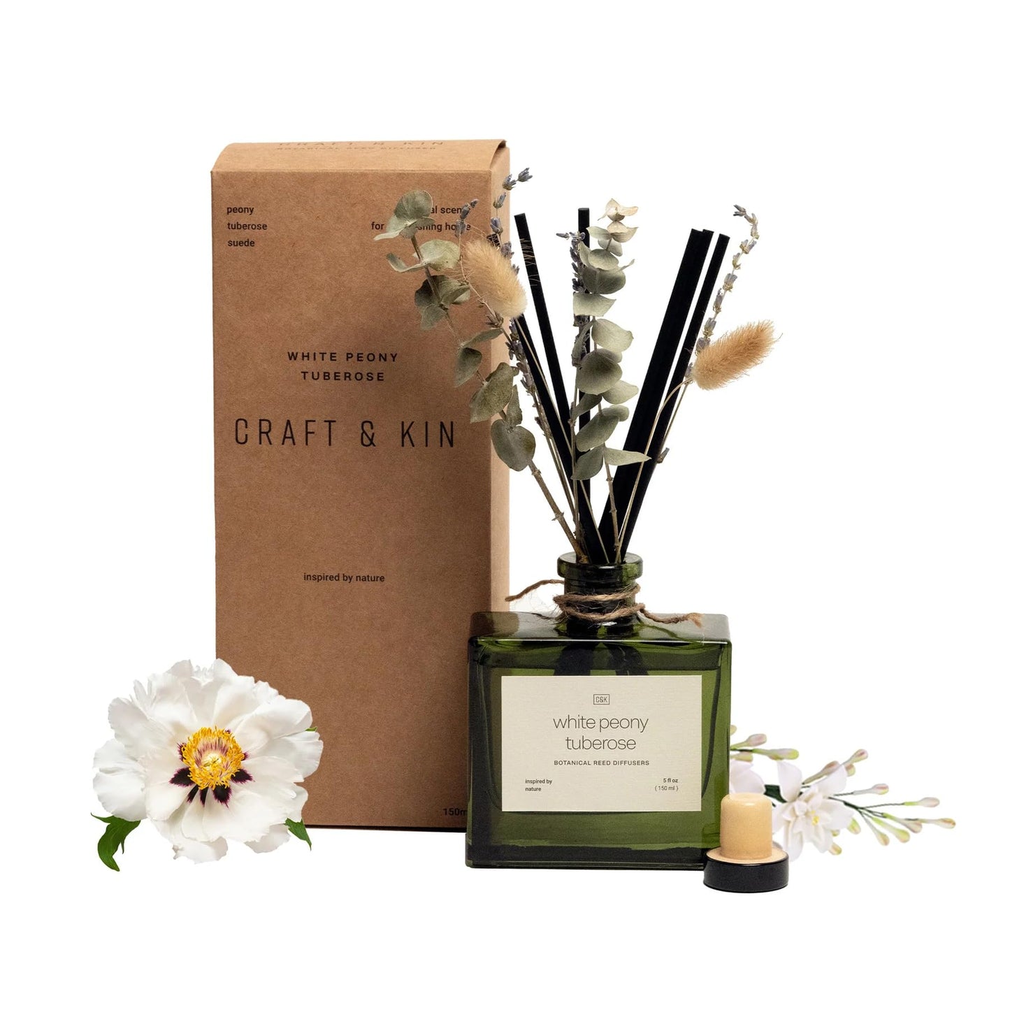 Craft & Kin Reed Diffuser with Dried Flowers | 5 oz Stone Fruit & Sage Scented Holiday Reed Diffusers for Home, Bathroom | Scent Sticks | Elegant Fragrance Home Decor for Men & Women