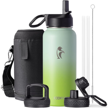 Half Gallon Water Bottle Insulated with Straw & 3 Lids, Coolflask 64 oz Water Jug Large Metal Stainless Steel Wide Mouth for Sports, Gym or Office, Non-BPA Keep Cold 48H Hot 24H, Samurai Cyan