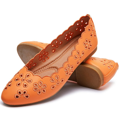 FRACORA Women's Ballet Flats Black PU Leather Dress Shoes Comfortable Round Toe Slip on Flats with Breathable Eyelets