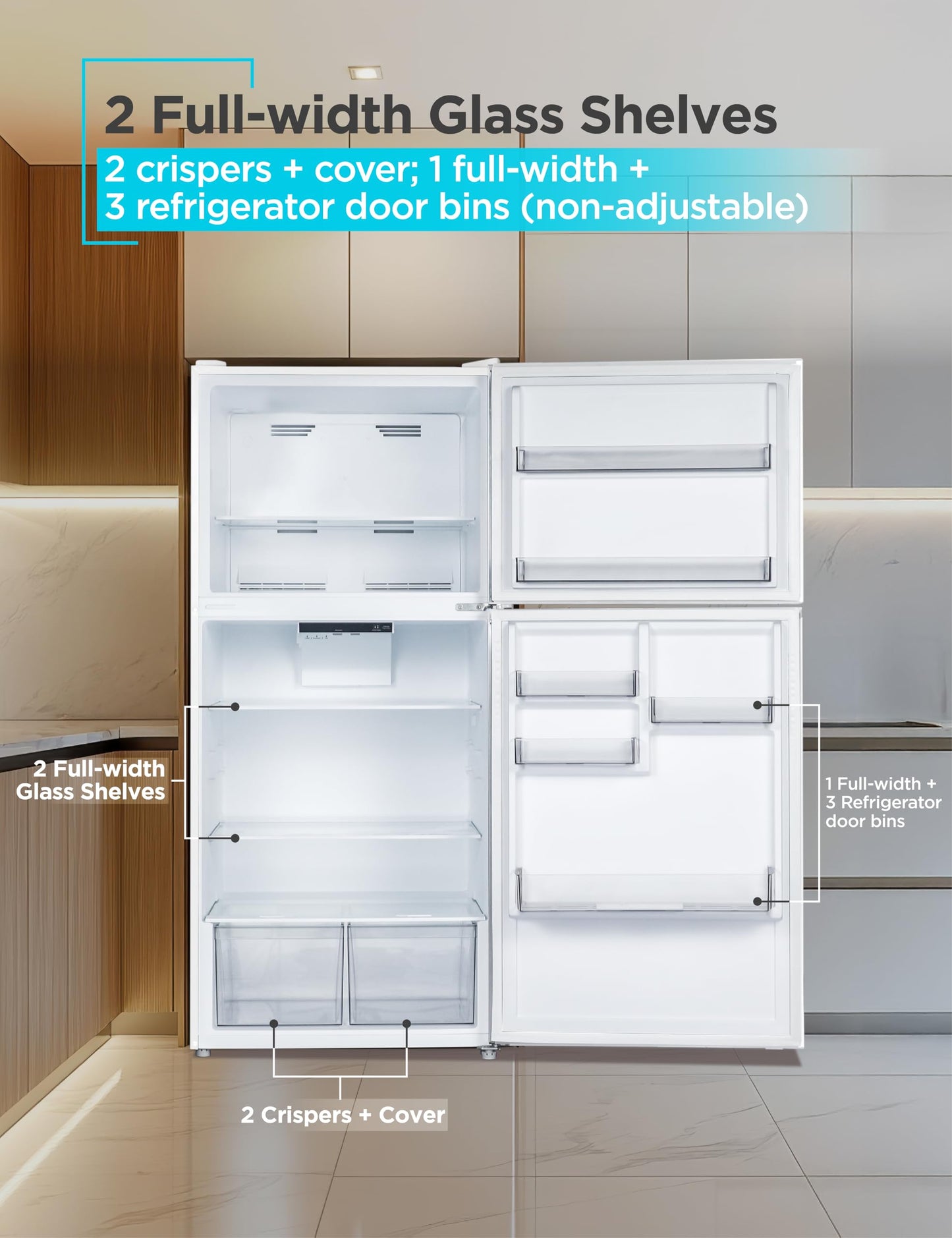 BLACK+DECKER 16.4 Cu. Ft. Top Mount Refrigerator with Freezer, 2 Door Refrigerator with Top Freezer and Separate Temperature Controls, Auto Defrost, BR1640KW, White