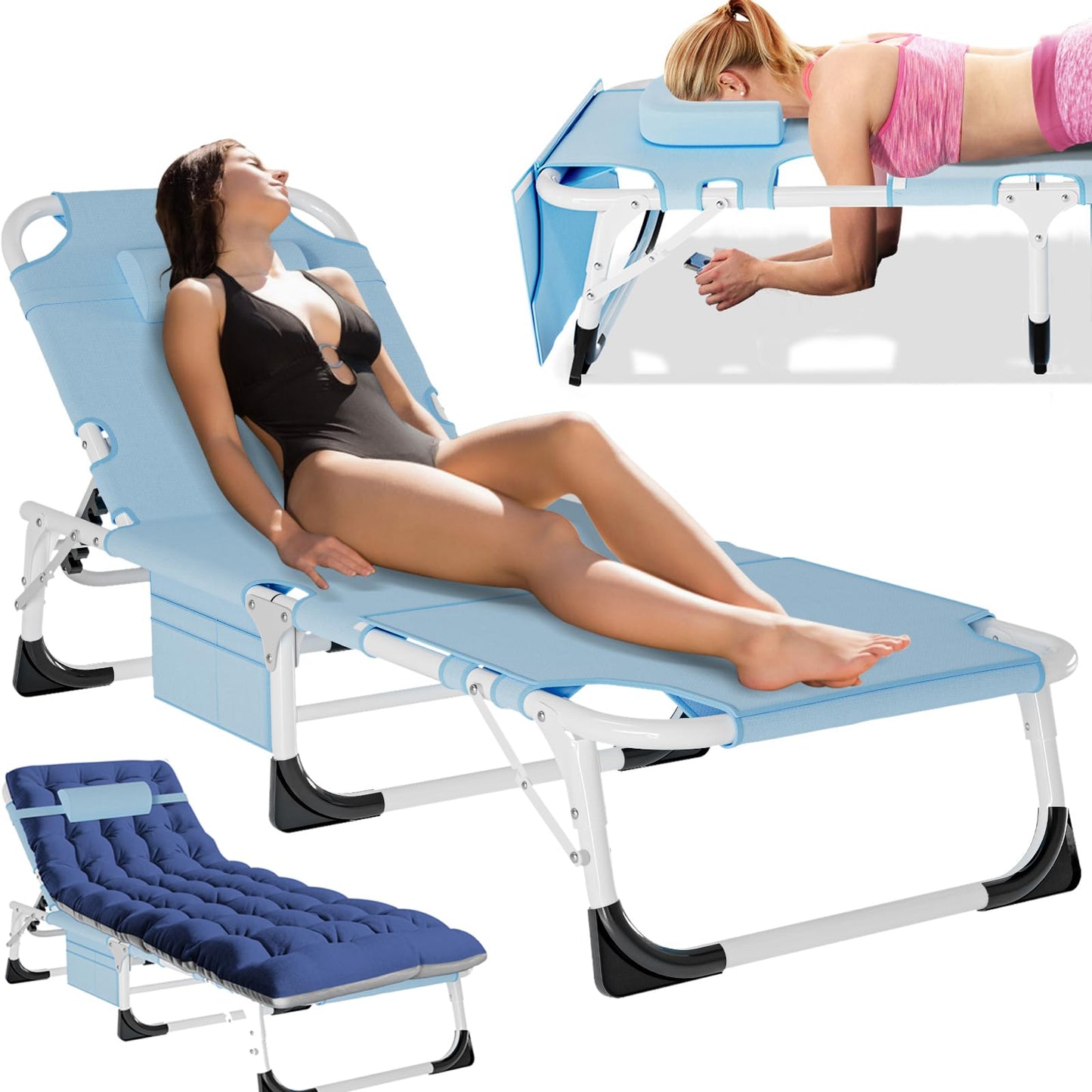 MOPHOTO Folding Lounge Chair 5-Position, Folding Cot, Portable Outdoor Chaise Lounge Chair for Sun Tanning, Perfect for Pool Beach Patio Sunbathing