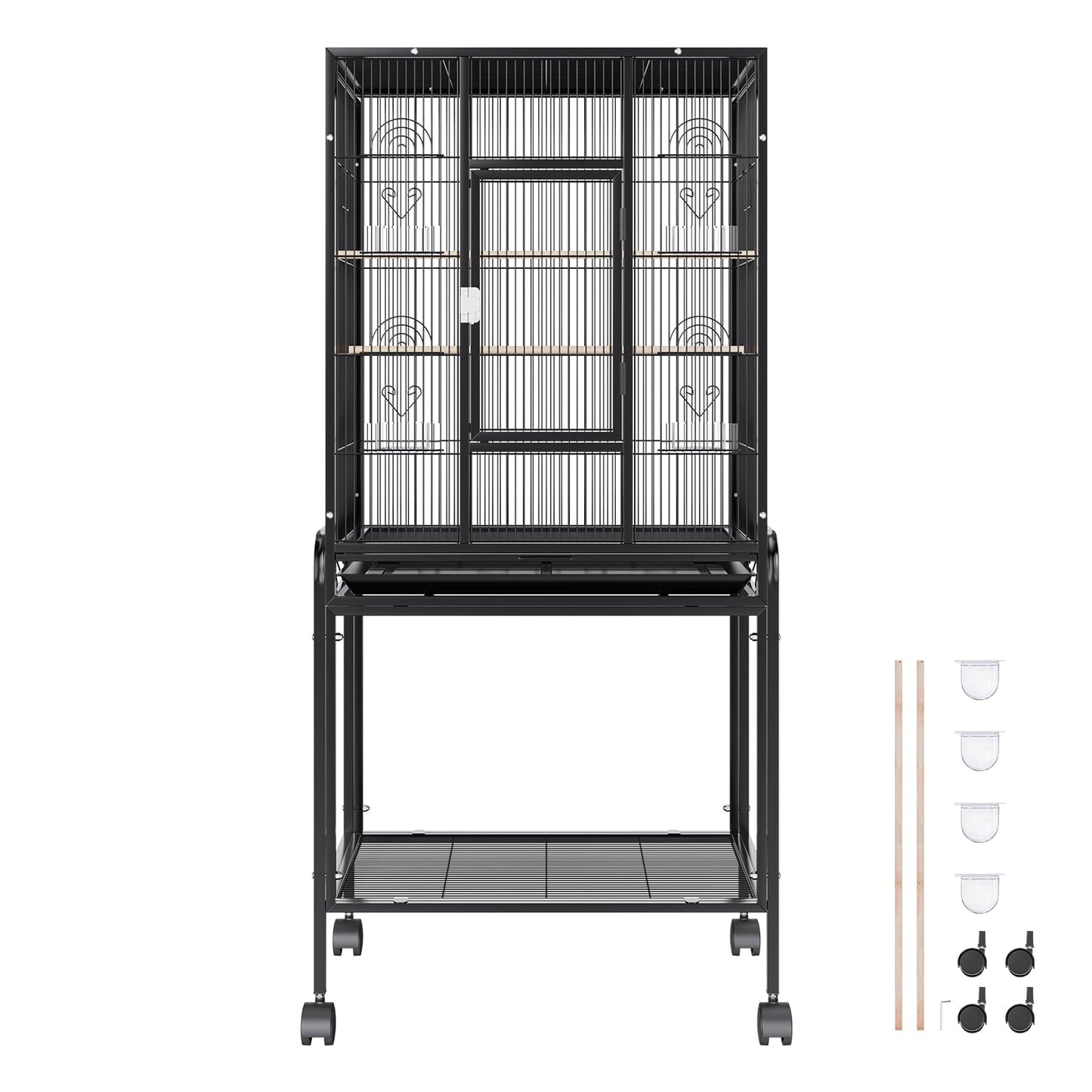 VEVOR Bird Cage, 24.6 x 16.7 x 53.9 inch, Flat Top, Wrought Iron Bird Flight Cage with Perches, Slide-Out Tray and Plastic Feeders, Casters, for Parrot, Blue Tit, Cockatiel, Canary, Budgerigar, Conure