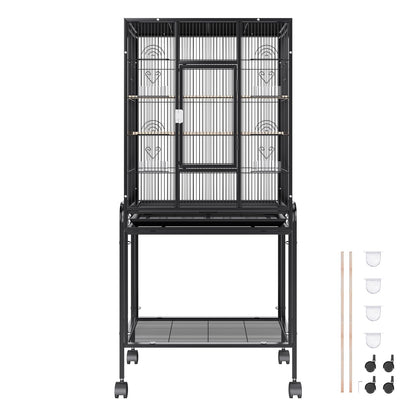 VEVOR Bird Cage, 24.6 x 16.7 x 53.9 inch, Flat Top, Wrought Iron Bird Flight Cage with Perches, Slide-Out Tray and Plastic Feeders, Casters, for Parrot, Blue Tit, Cockatiel, Canary, Budgerigar, Conure