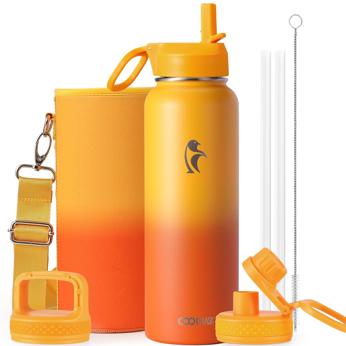 Half Gallon Water Bottle Insulated with Straw & 3 Lids, Coolflask 64 oz Water Jug Large Metal Stainless Steel Wide Mouth for Sports, Gym or Office, Non-BPA Keep Cold 48H Hot 24H, Samurai Cyan