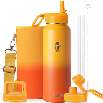 Half Gallon Water Bottle Insulated with Straw & 3 Lids, Coolflask 64 oz Water Jug Large Metal Stainless Steel Wide Mouth for Sports, Gym or Office, Non-BPA Keep Cold 48H Hot 24H, Samurai Cyan