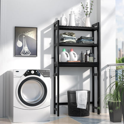 Homykic Over The Toilet Storage, Bamboo Over Toilet Bathroom Organizer Rack, Freestanding Bathroom Shelves Above Toilet Storage with 3 Hooks, Bathroom Space Saver, No Rust, Easy to Assemble, White