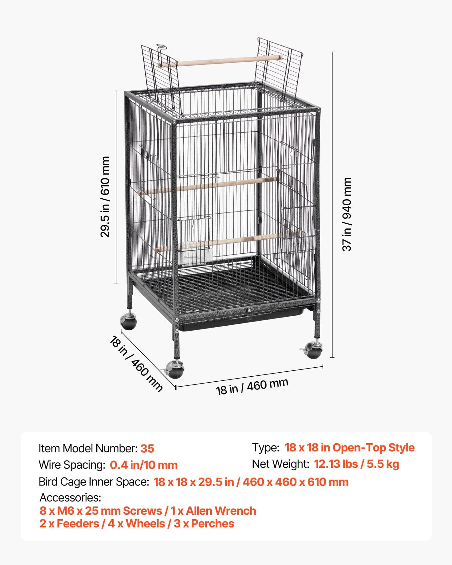 VEVOR Bird Cage, 24.6 x 16.7 x 53.9 inch, Flat Top, Wrought Iron Bird Flight Cage with Perches, Slide-Out Tray and Plastic Feeders, Casters, for Parrot, Blue Tit, Cockatiel, Canary, Budgerigar, Conure
