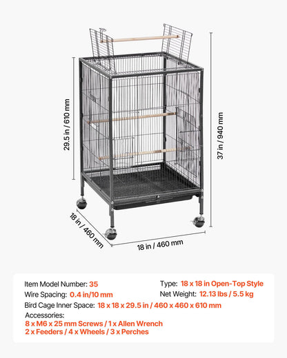 VEVOR Bird Cage, 24.6 x 16.7 x 53.9 inch, Flat Top, Wrought Iron Bird Flight Cage with Perches, Slide-Out Tray and Plastic Feeders, Casters, for Parrot, Blue Tit, Cockatiel, Canary, Budgerigar, Conure