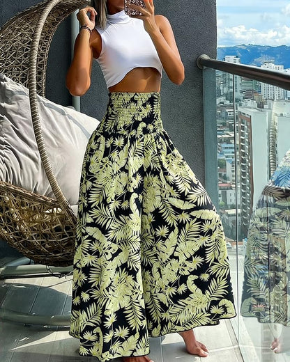 CHICME Boho Floral Shirred High Waisted Wide Leg Pants Flowy Palazzo Pants Summer Beach Vacation Wear