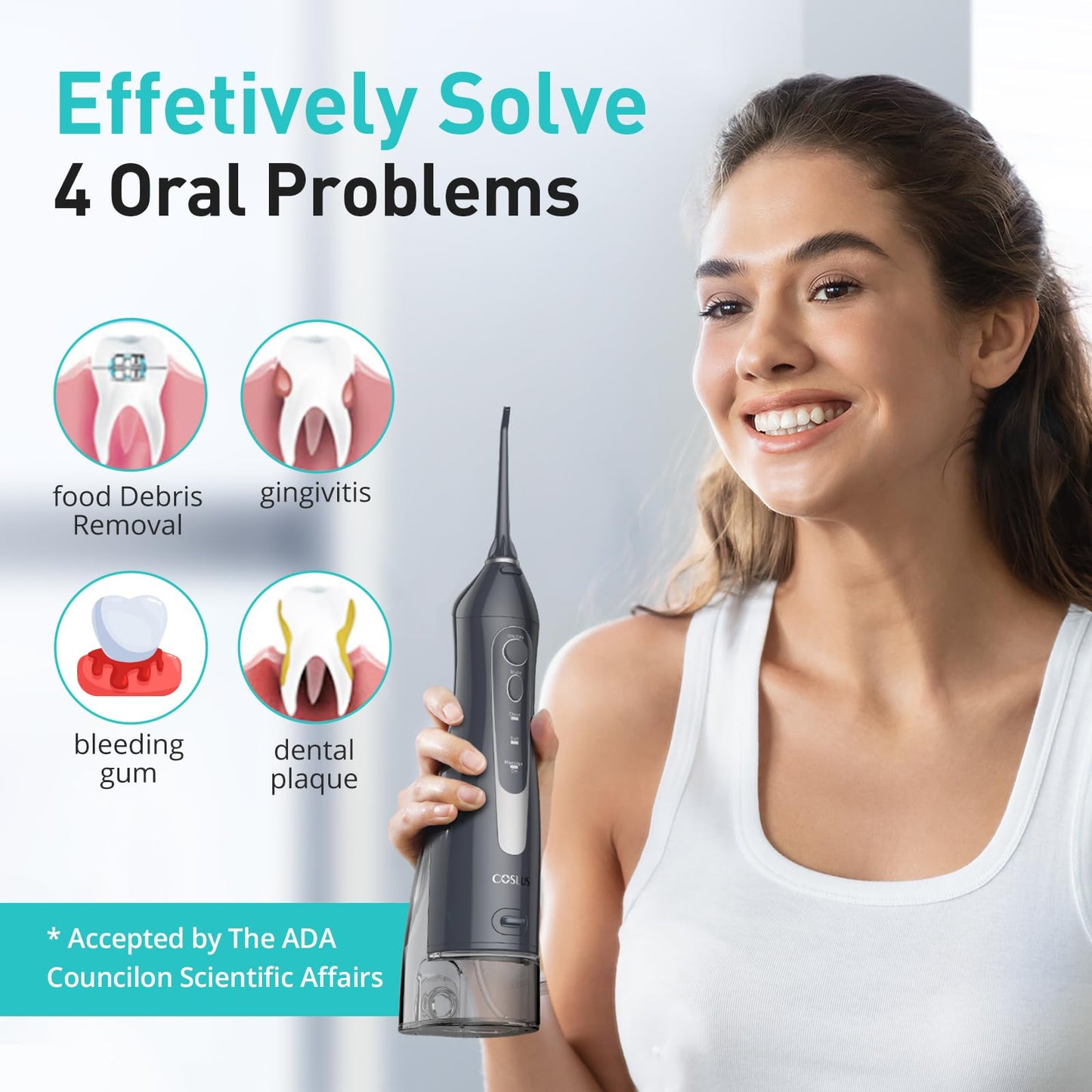 COSLUS ADA Accepted Water Dental Flosser Teeth Pick C20: Portable Cordless Oral Irrigator 300ML Rechargeable Travel Irrigation Cleaner IPX7 Waterproof Electric Flossing Machine, Professional Set Black