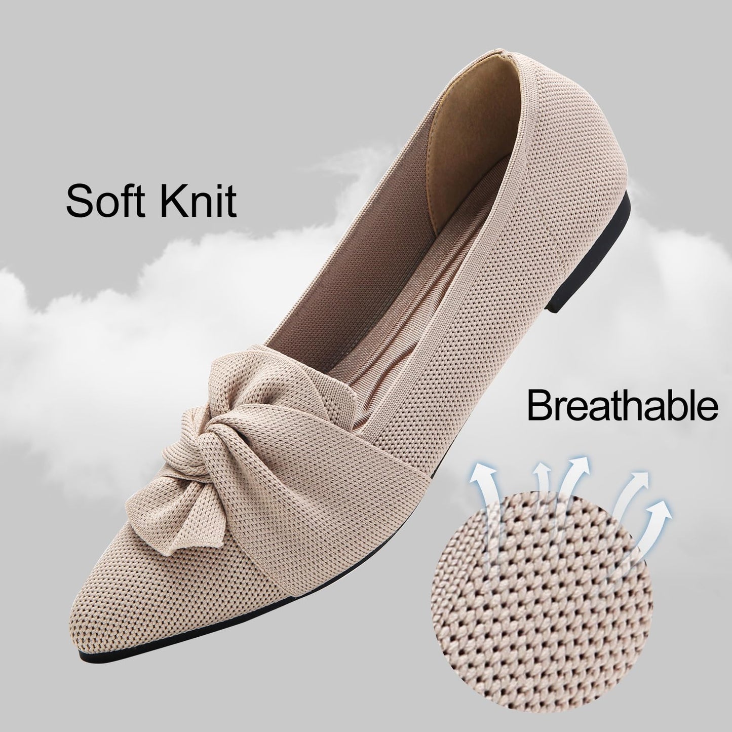 HIULYCENCE Flats for Womens Pointed Toe Ballet Flats with Bow Comfortable Knit Dressy Flats