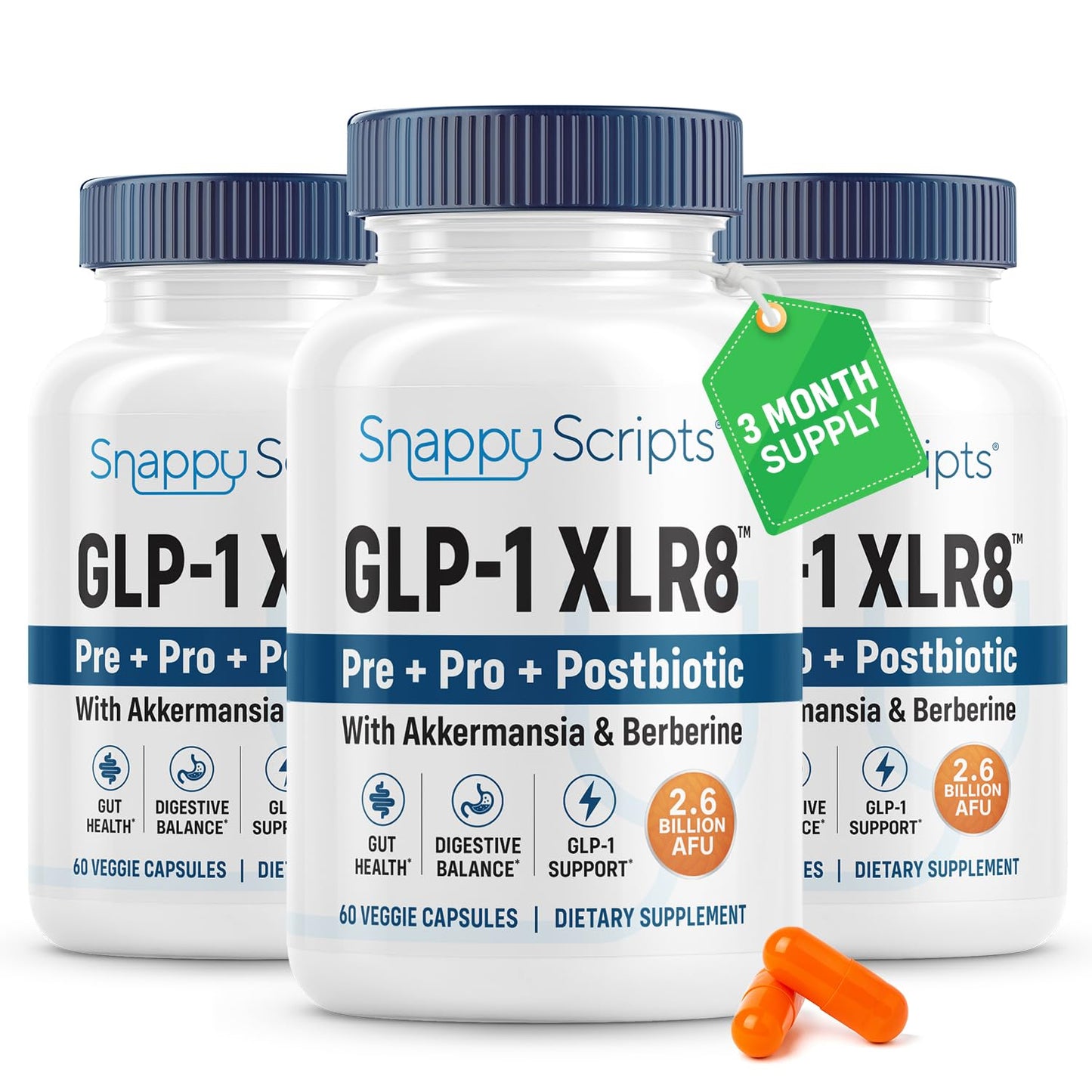 GLP-1 XLR8 Supplement for Weight Loss, Digestion, Constipation, Bloating Relief with Akkermansia 2.6 Billion AFU Live Prebiotic Probiotic Postbiotic + Berberine for Women Men 60 Capsules