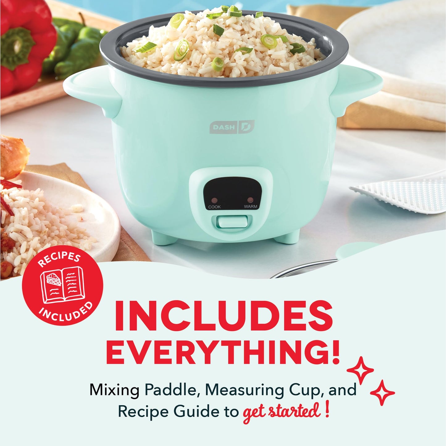 Dash Mini Rice Cooker | Small Rice Maker, 2 Cups Cooked / 1 Cup Uncooked, Ceramic Nonstick Removable Pot, Keep Warm Function, Compact and Portable for Dorm, Travel, Single Serve, Aqua