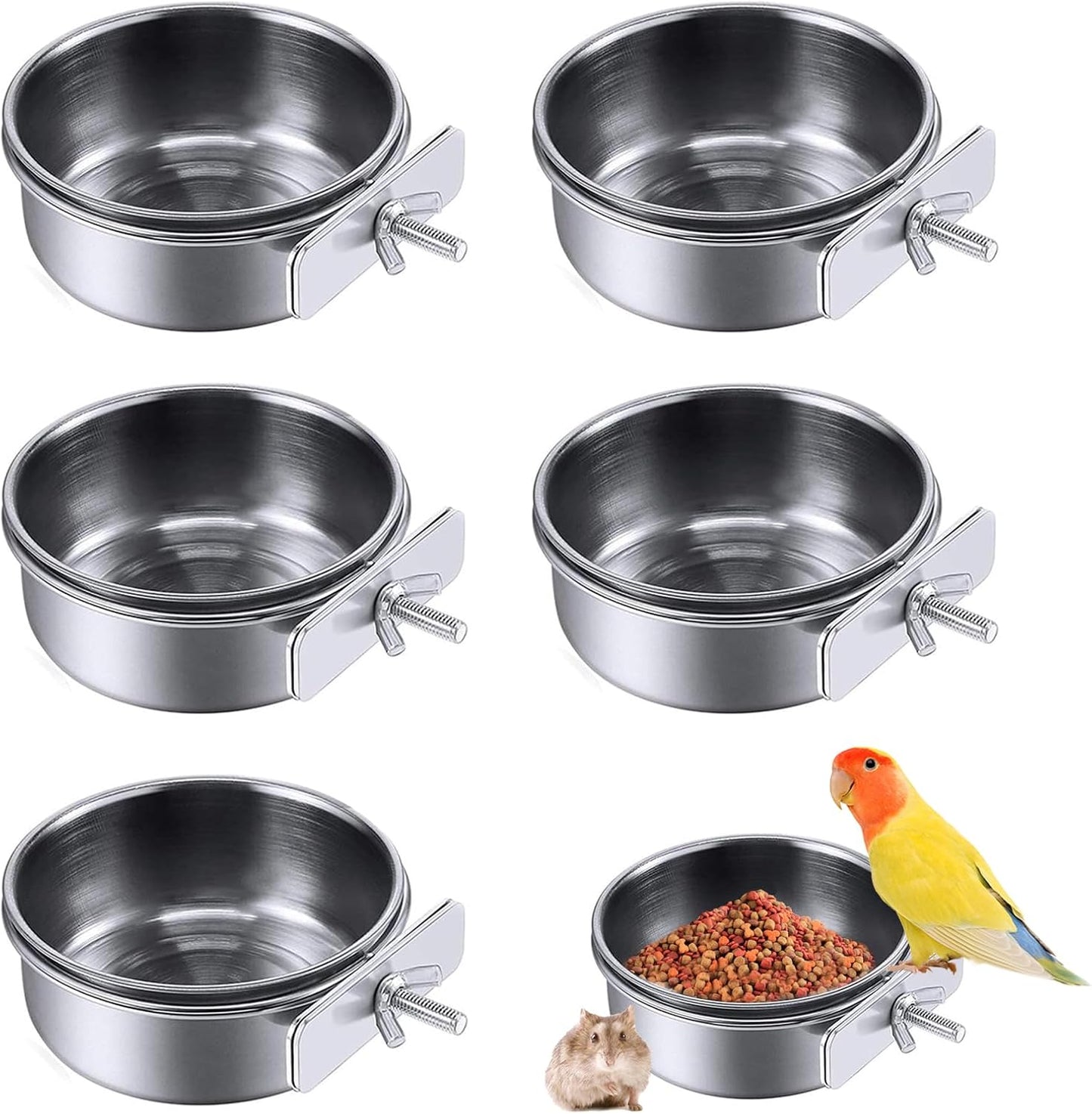 PINVNBY Parrot Feeding Cups Birds Food Dish Stainless Steel Parrot Feeders Water Cage Bowls with Clamp Holder for Cockatiel Conure Budgies Parakeet Parrot Macaw Small Animal Chinchilla Pack of 2