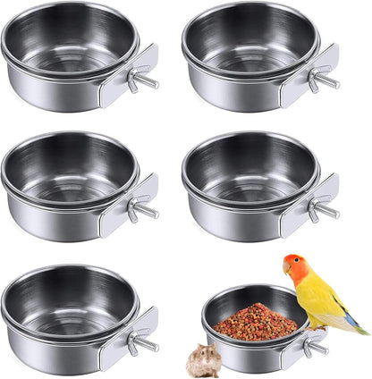 PINVNBY Parrot Feeding Cups Birds Food Dish Stainless Steel Parrot Feeders Water Cage Bowls with Clamp Holder for Cockatiel Conure Budgies Parakeet Parrot Macaw Small Animal Chinchilla Pack of 2