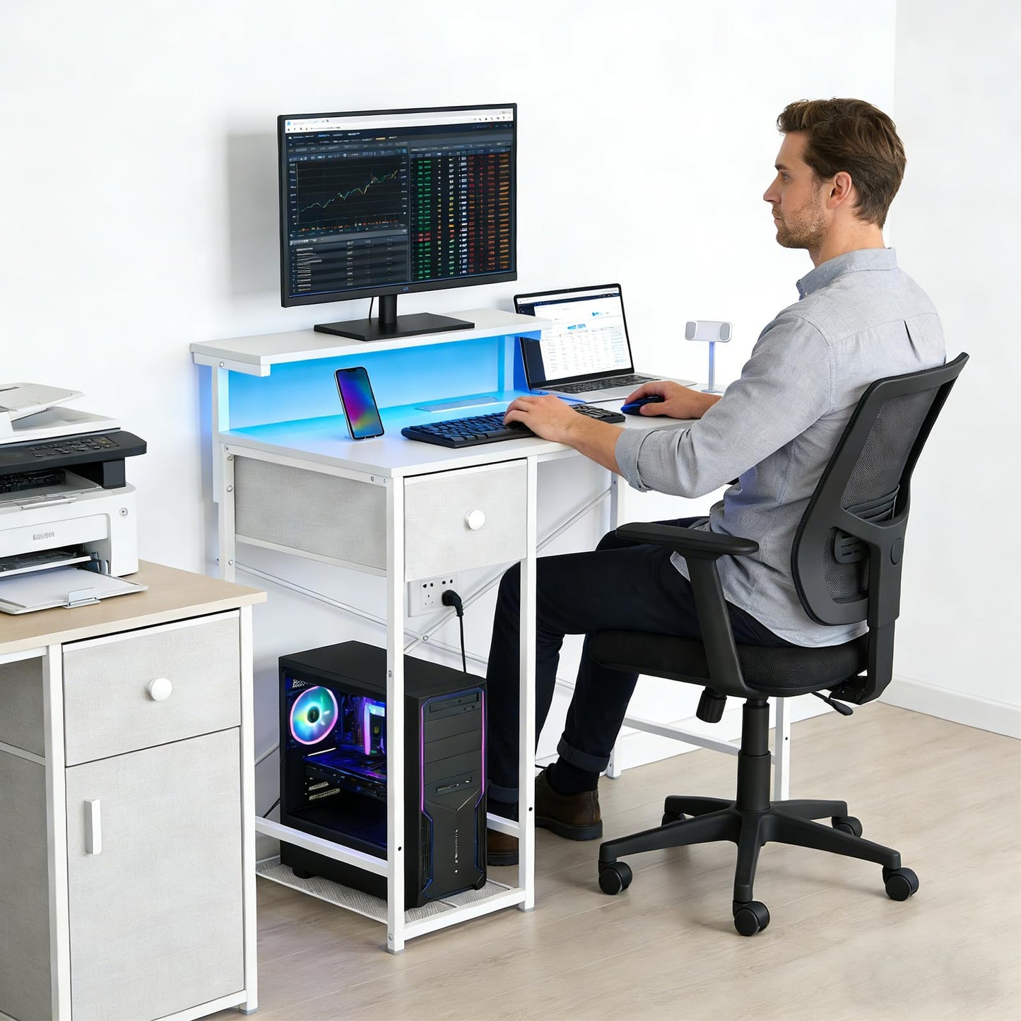 X-cosrack 33.5" Small Gaming Desk with LED Lights & Power Outlets, Compact Computer Desk with Monitor Stand & CPU Stand, Gamer Table with Storage Drawer, Side Hooks for Home Office, Bedroom, Black