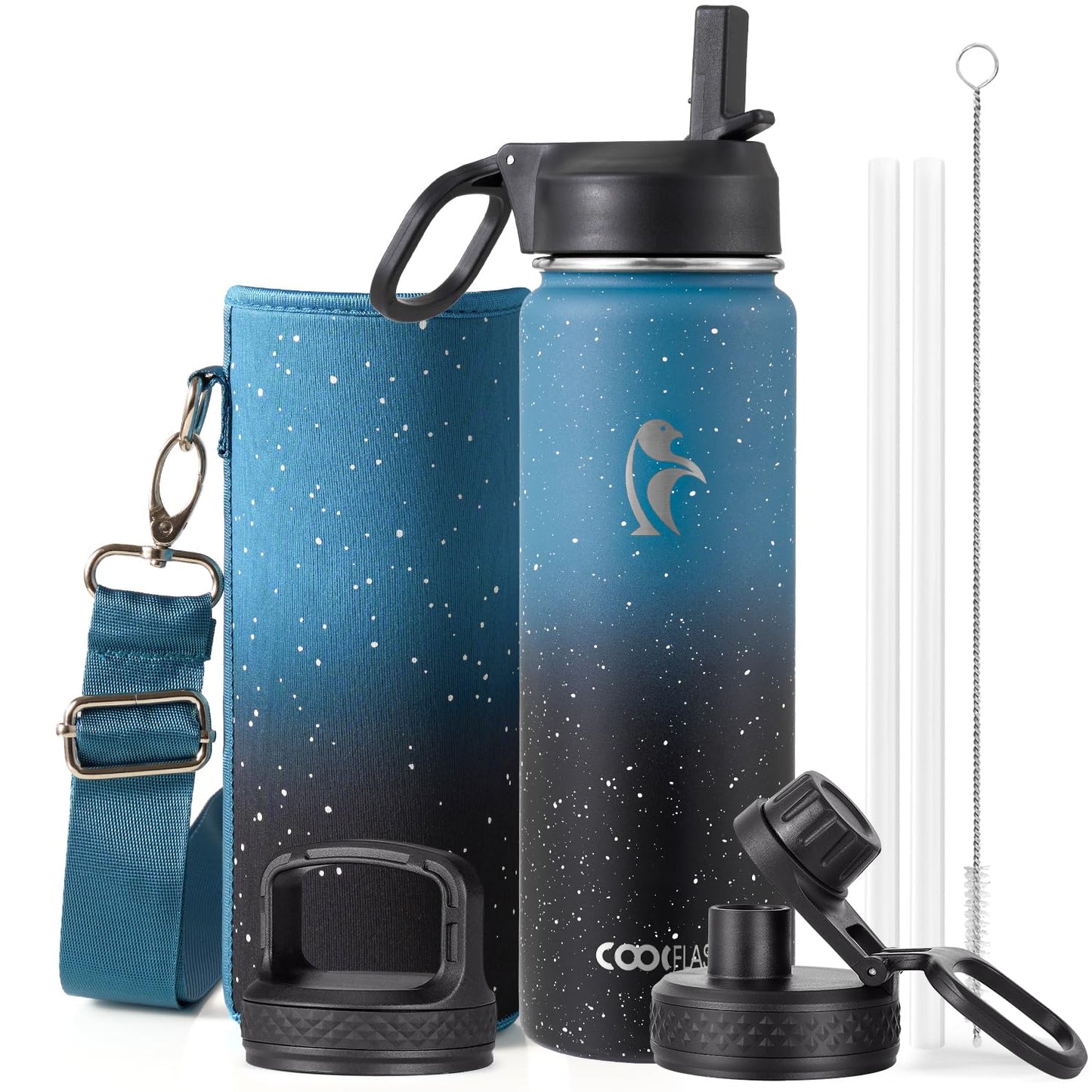 Half Gallon Water Bottle Insulated with Straw & 3 Lids, Coolflask 64 oz Water Jug Large Metal Stainless Steel Wide Mouth for Sports, Gym or Office, Non-BPA Keep Cold 48H Hot 24H, Samurai Cyan