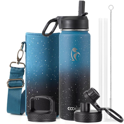 Half Gallon Water Bottle Insulated with Straw & 3 Lids, Coolflask 64 oz Water Jug Large Metal Stainless Steel Wide Mouth for Sports, Gym or Office, Non-BPA Keep Cold 48H Hot 24H, Samurai Cyan