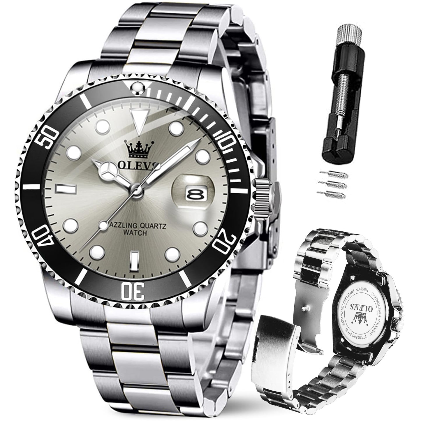 OLEVS Luxury Watches for Men Big Face Stainless Steel Business Dress Analog Quartz Watch with Day Waterproof Luminous Mens Wrist Watch