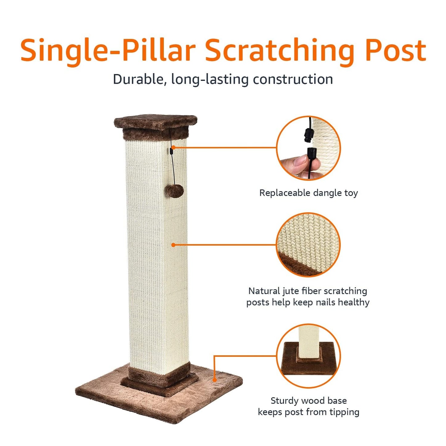 Amazon Basics Cat Scratching Post for Indoor Cats & Kittens, Medium (31.5"H), Cat Furniture with Dangling Ball Toy, Grey