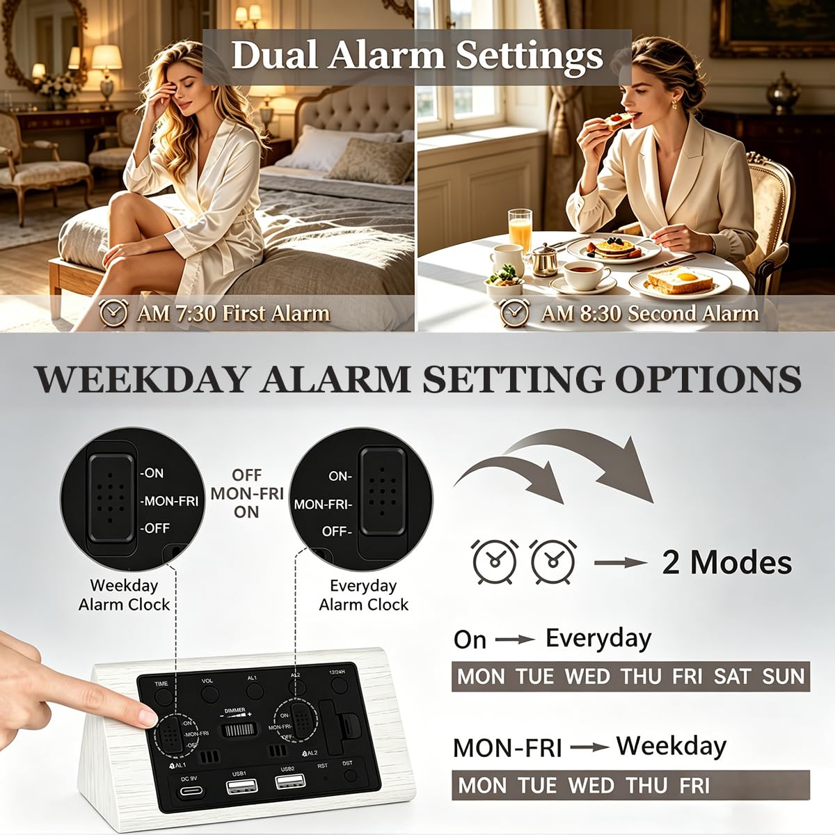 Kogonee Wooden Digital Alarm Clock, 0-100% Dimmer, 2 Alarm Settings, Weekday/Everyday Mode, 9 Mins Snooze, 12/24H, Temperature and Date Display for Office, Travel, Bedroom Alarm Clock (Brown)