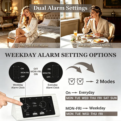 Kogonee Wooden Digital Alarm Clock, 0-100% Dimmer, 2 Alarm Settings, Weekday/Everyday Mode, 9 Mins Snooze, 12/24H, Temperature and Date Display for Office, Travel, Bedroom Alarm Clock (Brown)