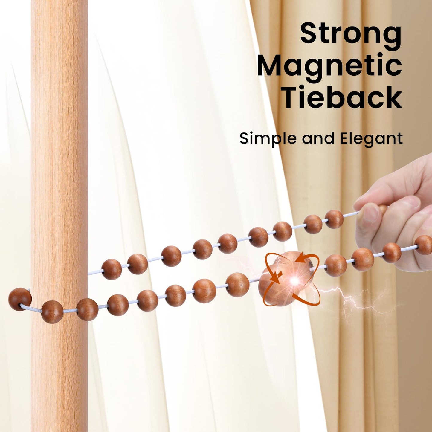 KLOGTSIND Magnetic Curtain Tiebacks, Curtain Holdbacks for Curtains 2 Pack, Wood Bead Curtain Holders for Boho Bedroom Decor, Baby Nursery Decor, Farmhouse Decor