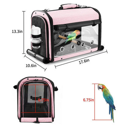 Bird Carrier Bag with Stand, Lightweight Backpack for Parrot, Portable Cockatiel Travel Cage with Accessories, Pet Transparent Breathable Carrier, Gray