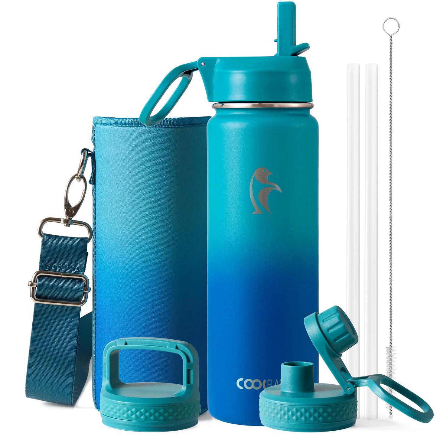 Half Gallon Water Bottle Insulated with Straw & 3 Lids, Coolflask 64 oz Water Jug Large Metal Stainless Steel Wide Mouth for Sports, Gym or Office, Non-BPA Keep Cold 48H Hot 24H, Samurai Cyan