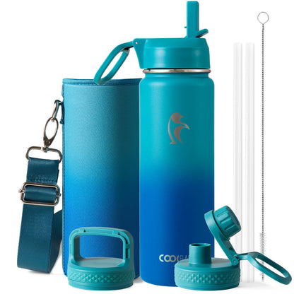 Half Gallon Water Bottle Insulated with Straw & 3 Lids, Coolflask 64 oz Water Jug Large Metal Stainless Steel Wide Mouth for Sports, Gym or Office, Non-BPA Keep Cold 48H Hot 24H, Samurai Cyan