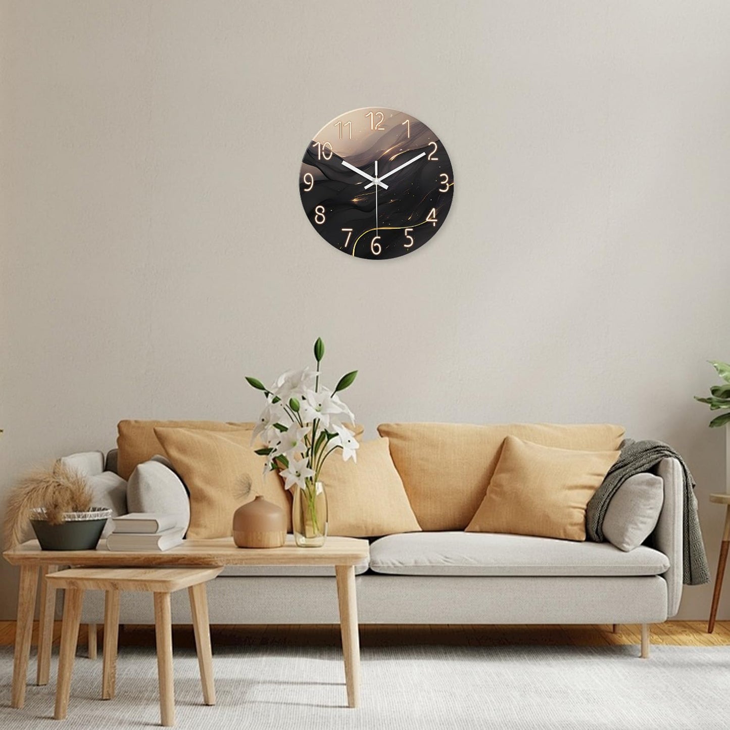 White Marble Glass Wall Clocks Battery Operated 12 Inch Abstract Decorative Analog Wall Clocks for Living Room Bedroom Office Silent Wall Clock Modern
