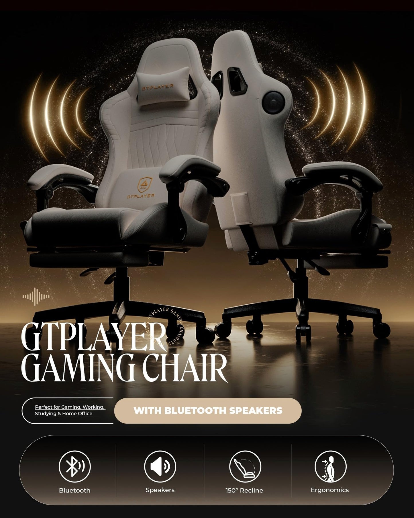 GTPLAYER Gaming Chair for Adults, Ergonomic Computer Game Chairs with Speakers, Footrest & Linkage Armrest, Reclining High Back Silla Gamer for Home Office, Ace Pro, Off-White