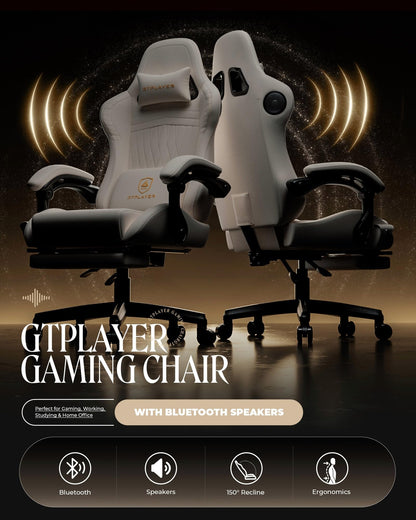 GTPLAYER Gaming Chair for Adults, Ergonomic Computer Game Chairs with Speakers, Footrest & Linkage Armrest, Reclining High Back Silla Gamer for Home Office, Ace Pro, Off-White