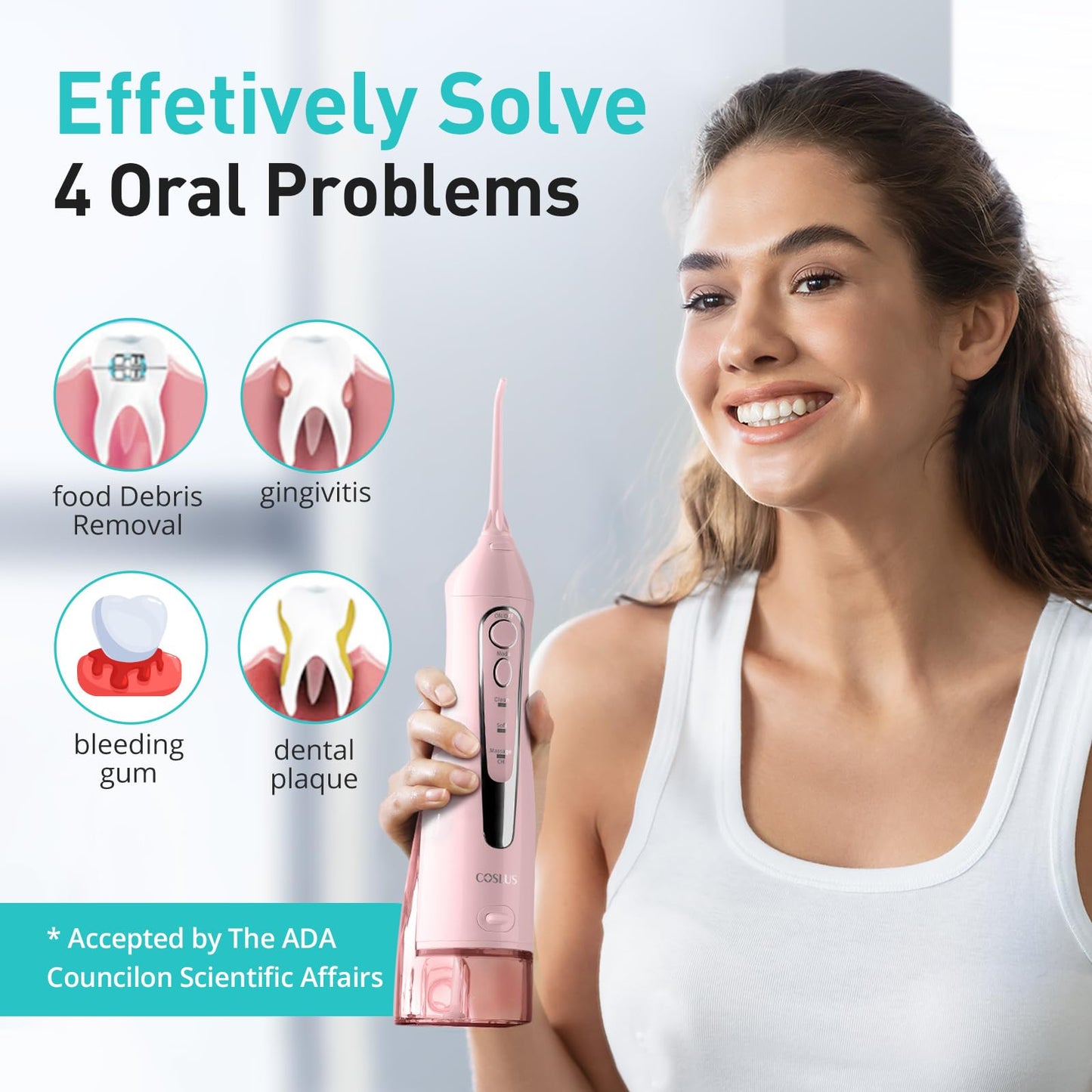 COSLUS ADA Accepted Water Dental Flosser Teeth Pick C20: Portable Cordless Oral Irrigator 300ML Rechargeable Travel Irrigation Cleaner IPX7 Waterproof Electric Flossing Machine, Professional Set Black