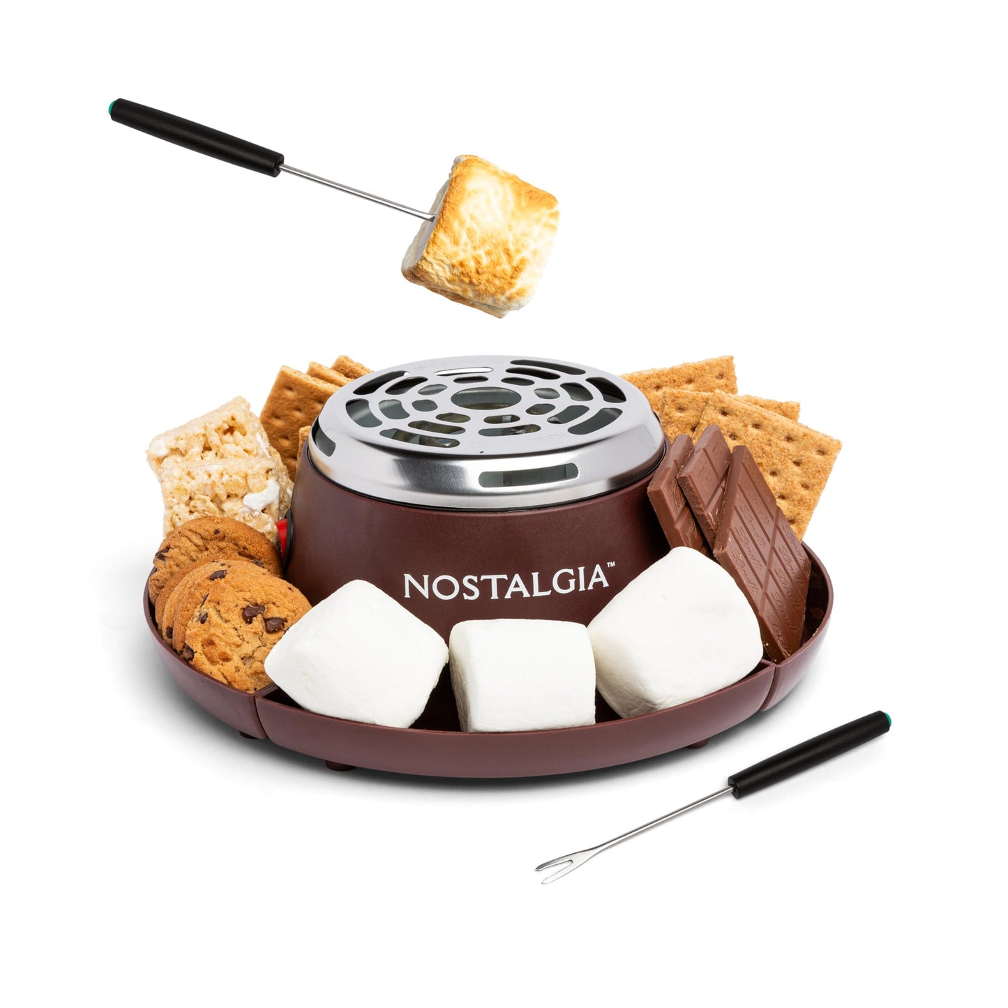 Nostalgia Tabletop Indoor Electric S'mores Maker - Smores Kit With Marshmallow Roasting Sticks and 4 Trays for Graham Crackers, Chocolate, and Marshmallows - Movie Night Supplies - Brown