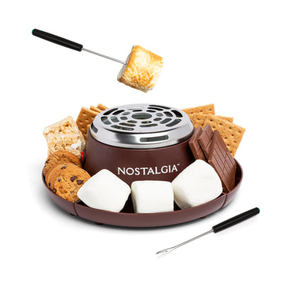 Nostalgia Tabletop Indoor Electric S'mores Maker - Smores Kit With Marshmallow Roasting Sticks and 4 Trays for Graham Crackers, Chocolate, and Marshmallows - Movie Night Supplies - Brown
