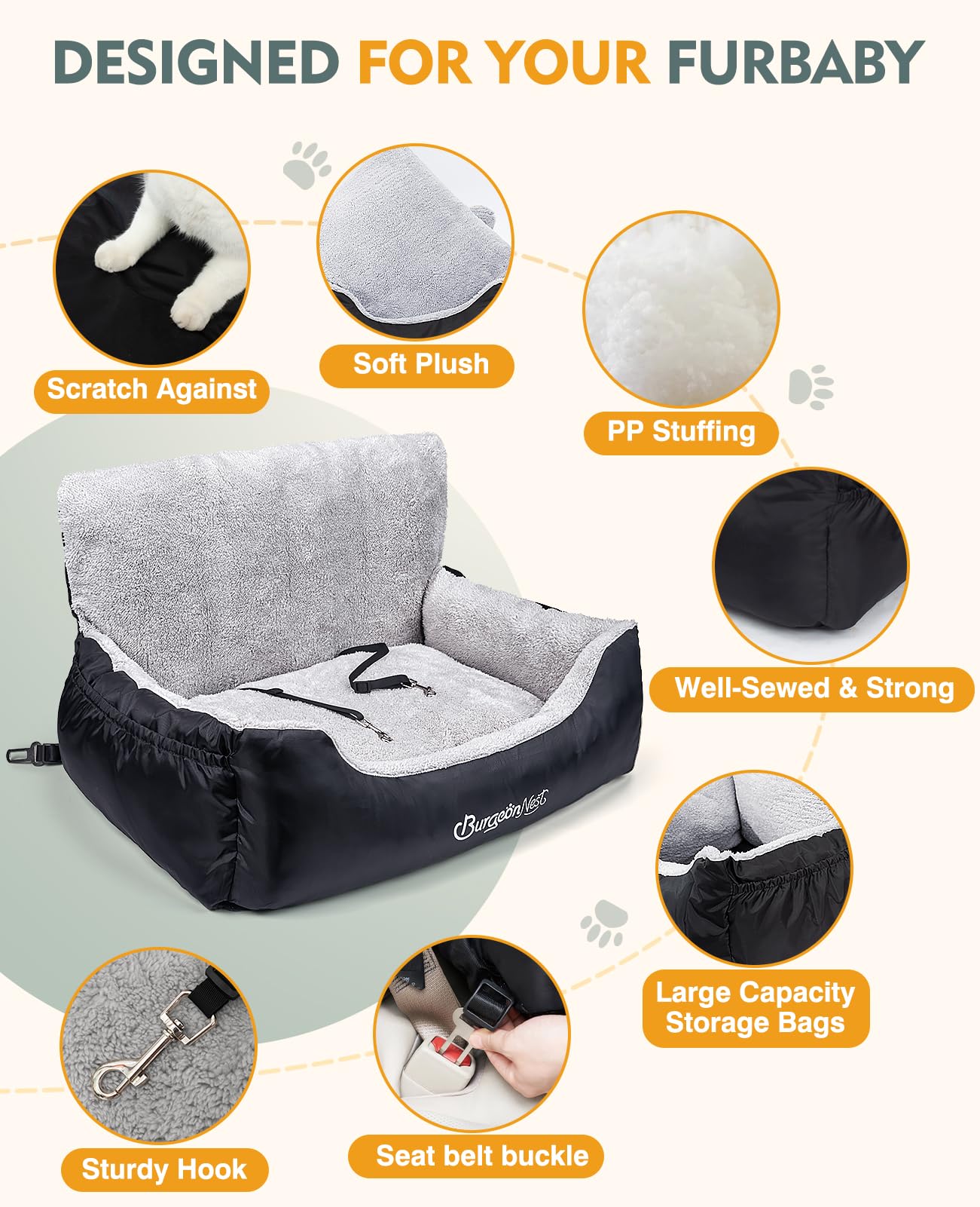 BurgeonNest Dog Car Seat for Small Dogs, Soft Pet Car Travel Home Bed Under 25 lbs, Fully Detachable and Washable Cat Booster Carseats with Storage Pockets and Clip-On Leash Portable Carrier,Black