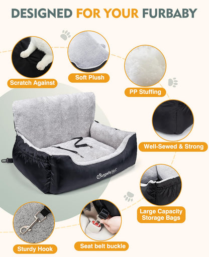 BurgeonNest Dog Car Seat for Small Dogs, Soft Pet Car Travel Home Bed Under 25 lbs, Fully Detachable and Washable Cat Booster Carseats with Storage Pockets and Clip-On Leash Portable Carrier,Black