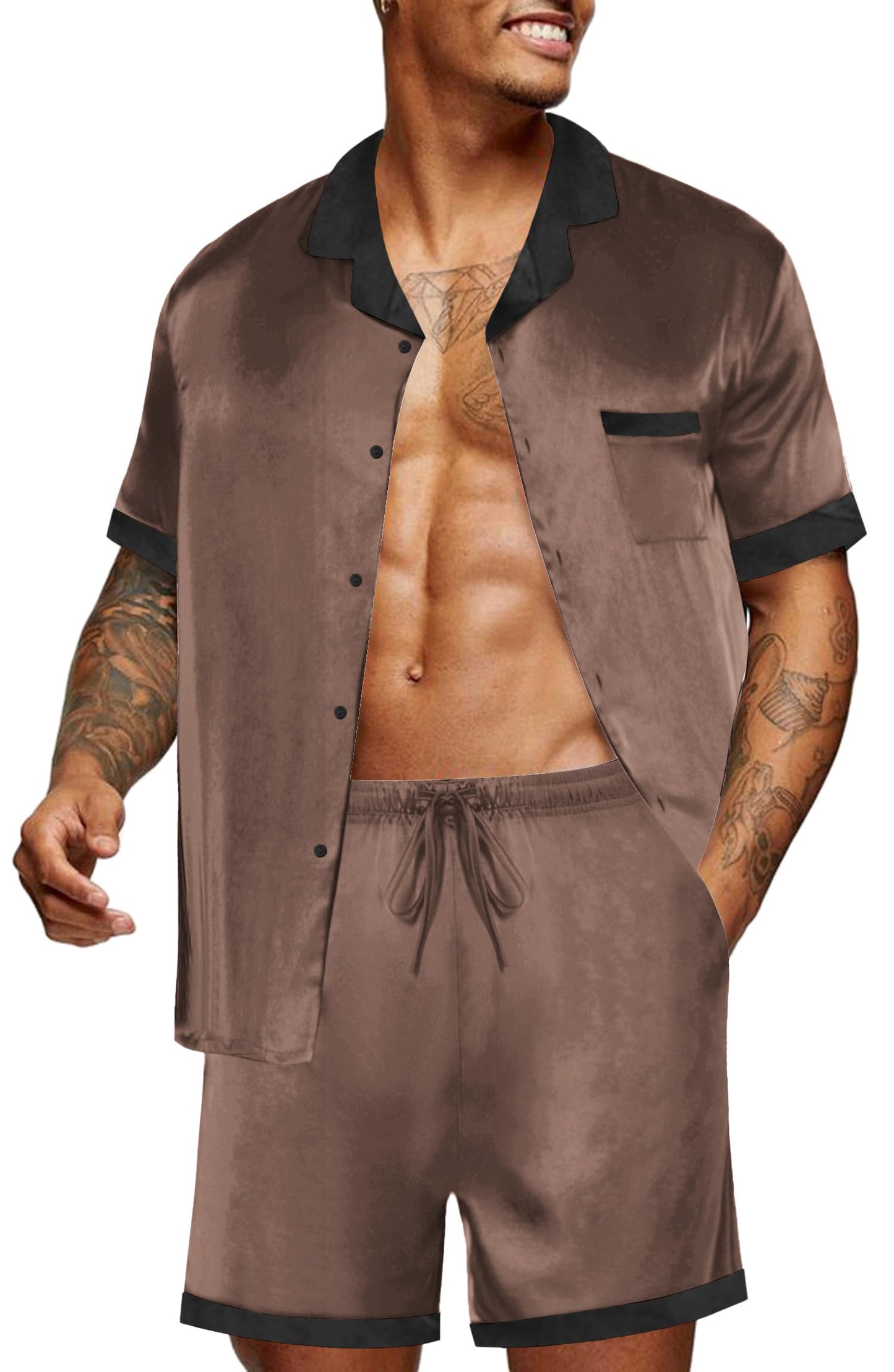 Ekouaer Men Satin Silk Pajamas Set with Pockets Sleepwear Shorts Satin Summer Loungewear 2 Piece Button Down Set S-3XL