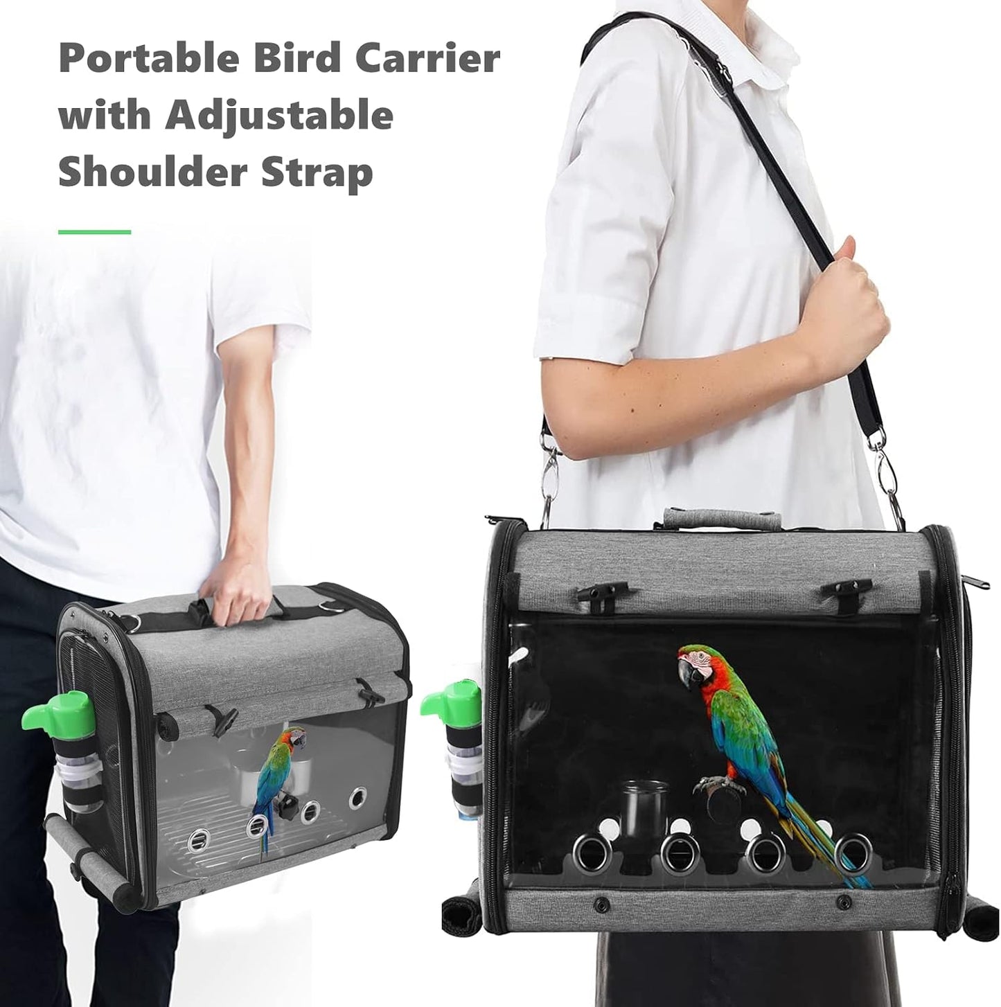Bird Carrier Bag with Stand, Lightweight Backpack for Parrot, Portable Cockatiel Travel Cage with Accessories, Pet Transparent Breathable Carrier, Gray