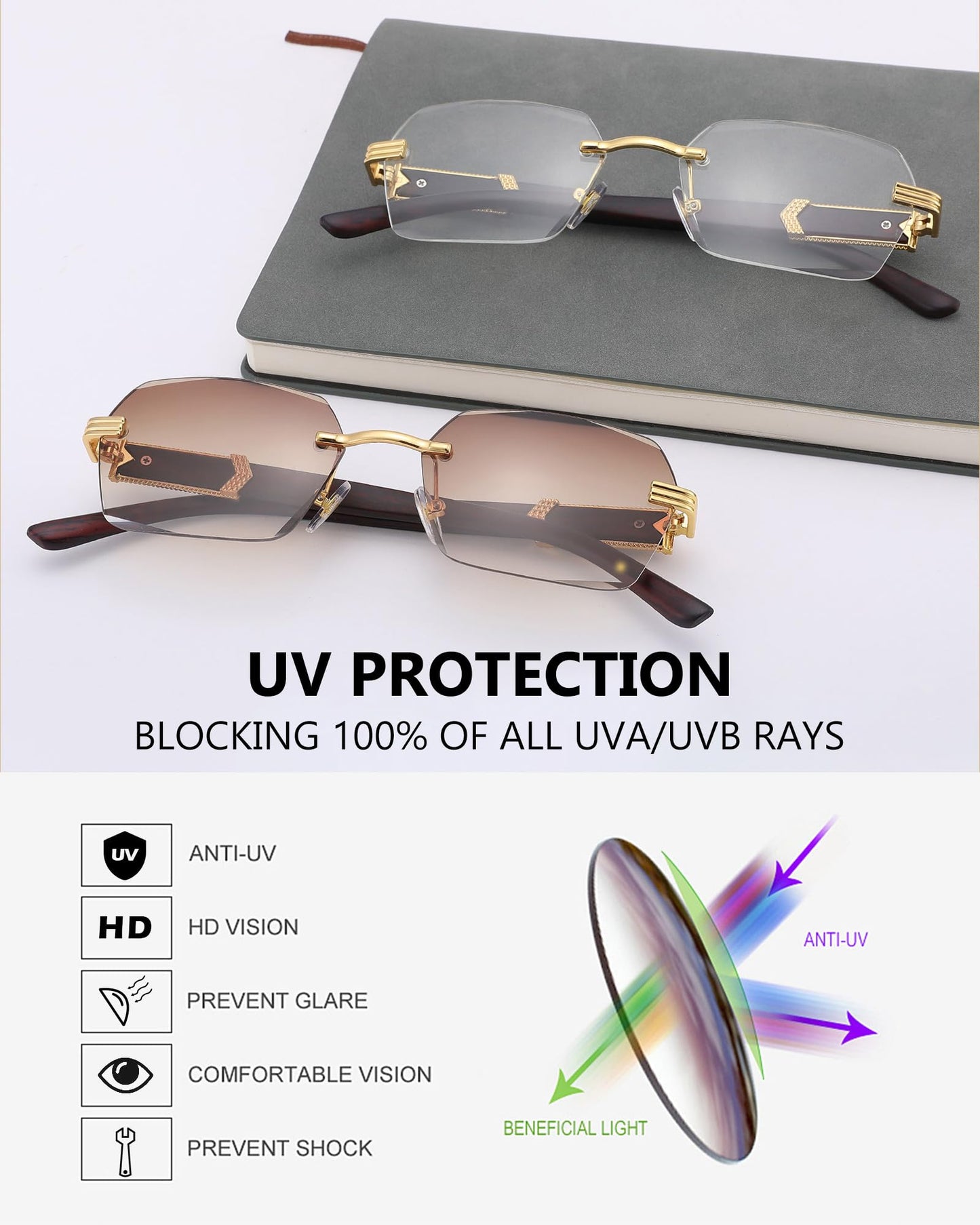 Pro Acme Rimless Rectangle Sunglasses for Men Women Hexagon Shade Eyewear Frameless y2k Glasses